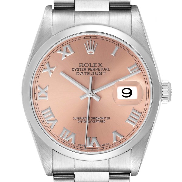 Rolex Datejust 36 Salmon Roman Dial Smooth Bezel Steel Watch 16200 Box Papers