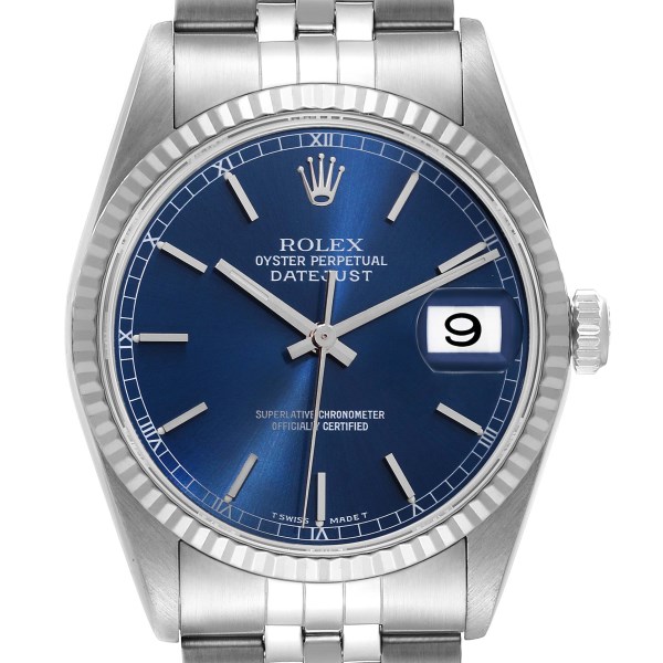 Rolex Datejust Steel White Gold Fluted Bezel Blue Dial Mens Watch 16234