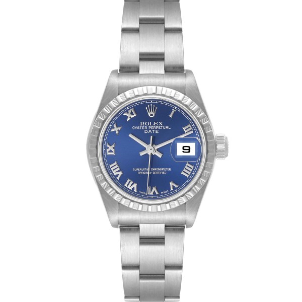 Rolex Date Blue Dial Engine Turned Bezel Steel Ladies Watch 79240