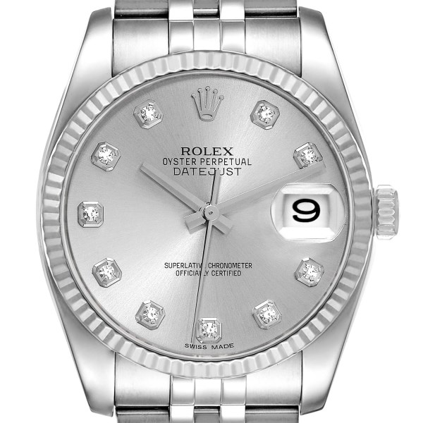 Rolex Datejust Steel White Gold Silver Diamond Dial Mens Watch 116234