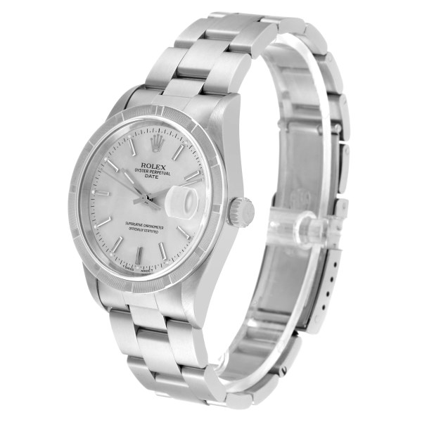 Rolex Date Silver Dial Steel Engine Turned Bezel Mens Watch 15210