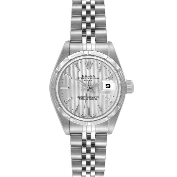 Rolex Date Silver Tapestry Dial Steel Ladies Watch 69190 Box Papers