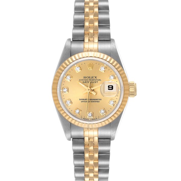 Rolex Datejust Steel Yellow Gold Champagne Diamond Dial Ladies Watch 69173