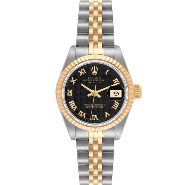 Rolex Datejust Steel Yellow Gold Black Pyramid Dial Ladies Watch 69173