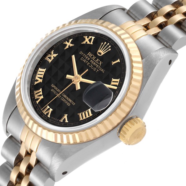 Rolex Datejust Steel Yellow Gold Black Pyramid Dial Ladies Watch 69173