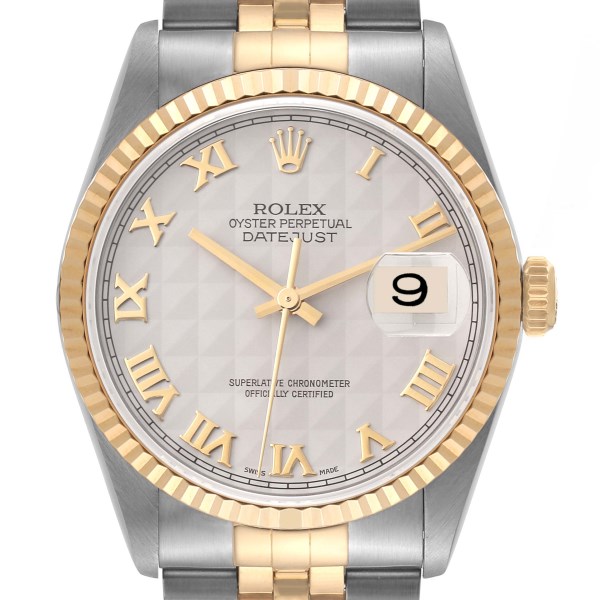 Rolex Datejust Steel Yellow Gold Pyramid Dial Mens Watch 16233 Box Papers