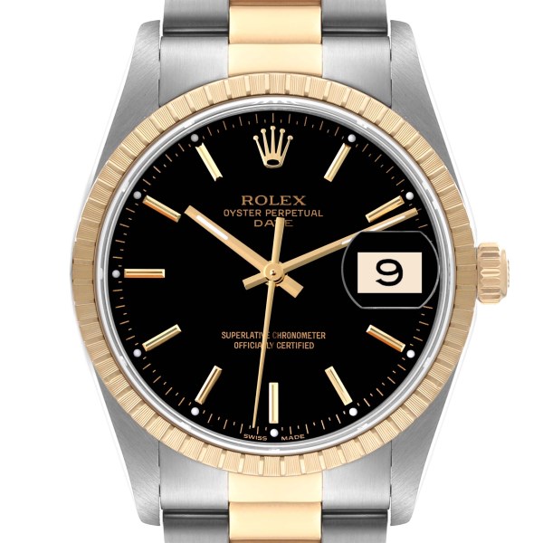 Rolex Date Steel Yellow Gold Black Dial Mens Watch 15223 Box Service Card