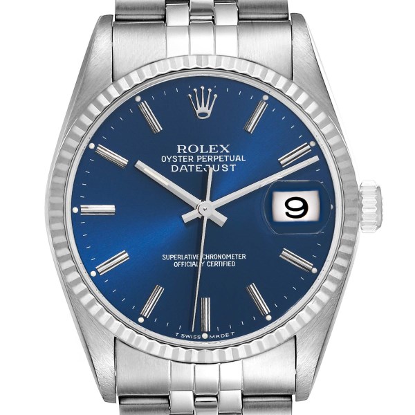 Rolex Datejust Steel White Gold Fluted Bezel Blue Dial Mens Watch 16234