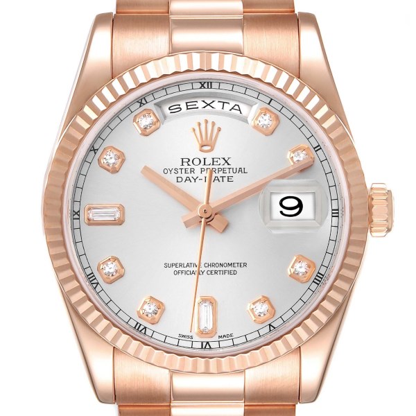 Rolex President Day-Date Rose Gold Silver Diamond Dial Mens Watch 118235