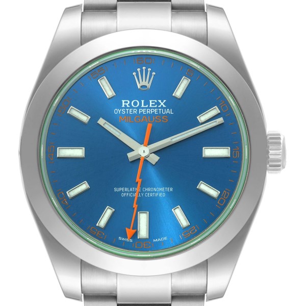 Rolex Milgauss Blue Dial Green Crystal Steel Mens Watch 116400GV Box Card