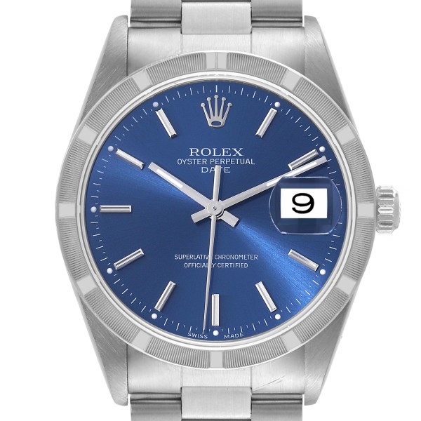 Rolex Date Blue Dial Engine Turned Bezel Steel Mens Watch 15210