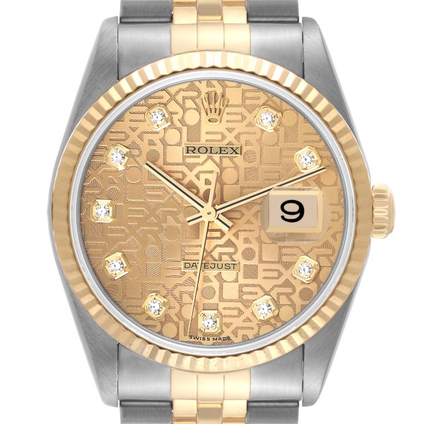 Rolex Datejust Steel Yellow Gold Anniversary Diamond Dial Mens Watch 16233