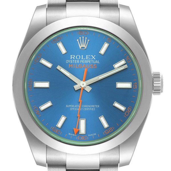 Rolex Milgauss Blue Dial Green Crystal Steel Mens Watch 116400GV