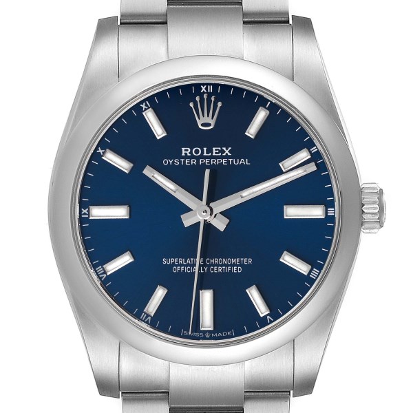 Rolex Oyster Perpetual 34mm Blue Dial Steel Mens Watch 124200 Unworn