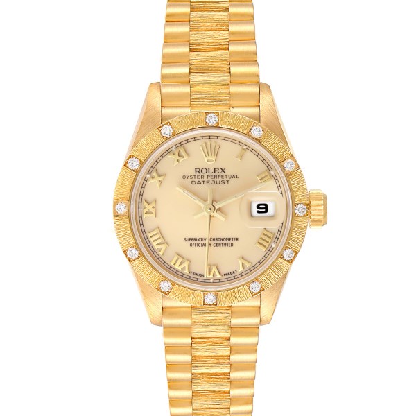 Rolex President Datejust Yellow Gold Bark Finish Ivory Dial Ladies Watch 69288