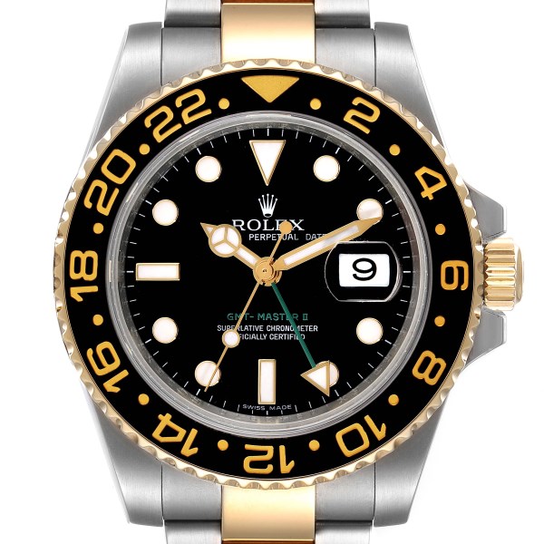Rolex GMT Master II Yellow Gold Steel Black Dial Mens Watch 116713 Box Card