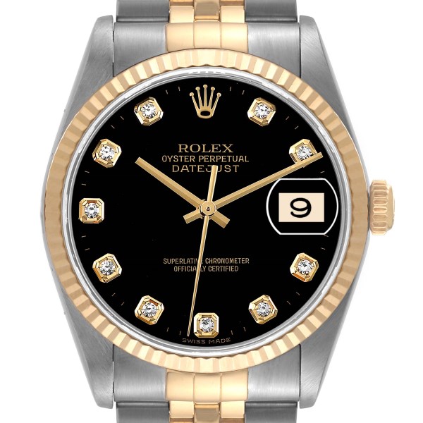 Rolex Datejust Steel Yellow Gold Black Diamond Dial Mens Watch 16233