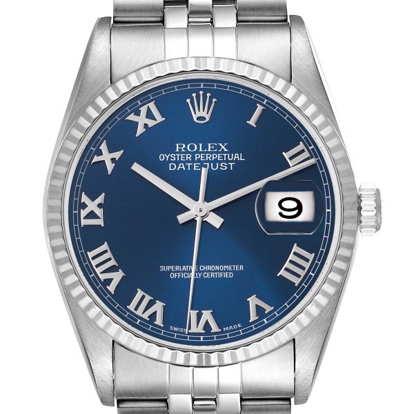 Rolex Datejust 36 Steel White Gold Fluted Bezel Blue Roman Dial Mens Watch 16234