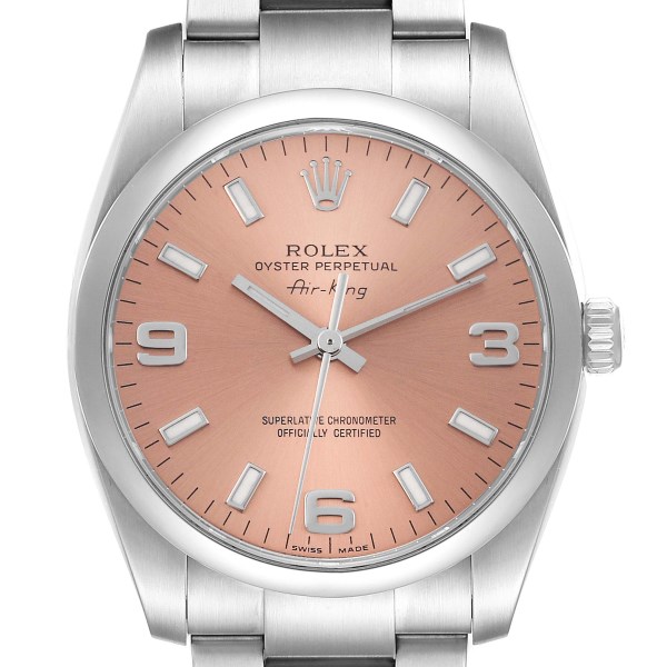 Rolex Air King 34 Salmon Dial Smooth Bezel Mens Watch 114200 Box Card