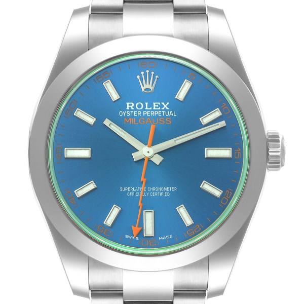 Rolex Milgauss Blue Dial Green Crystal Steel Mens Watch 116400GV Unworn