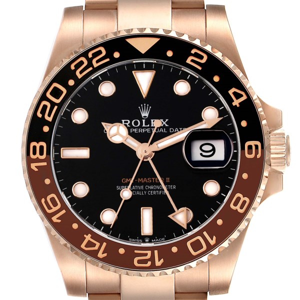 Rolex GMT Master II Black Brown Root Beer Rose Gold Mens Watch 126715 Box Card