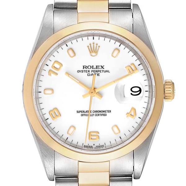 Rolex Date Steel Yellow Gold White Dial Mens Watch 15203 Box Papers