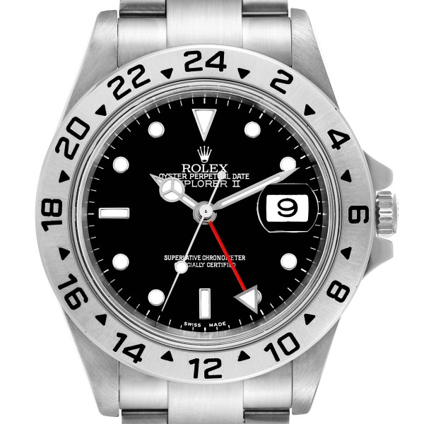 Rolex Explorer II GMT 40mm Black Dial Red Hand Steel Mens Watch 16570