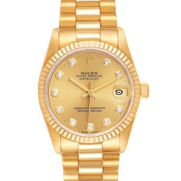 Rolex President Datejust 31 Midsize Yellow Gold Diamond Ladies Watch 68278