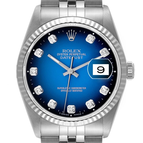Rolex Datejust Steel White Gold Blue Vignette Diamond Dial Mens Watch 16234