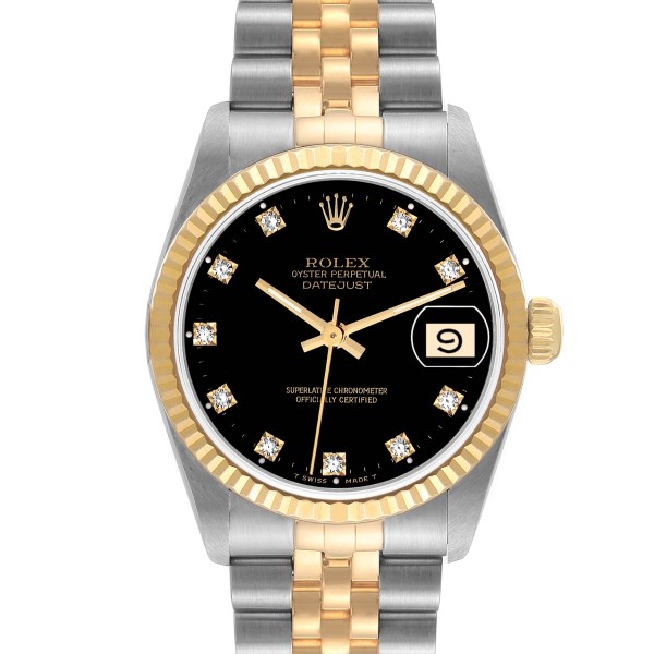 Rolex Datejust Midsize Steel Yellow Gold Black Diamond Dial Ladies Watch 68273