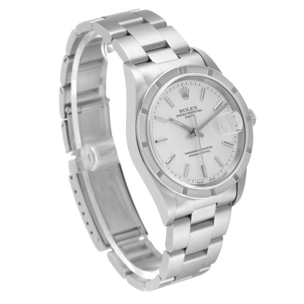 Rolex Date Silver Dial Steel Engine Turned Bezel Mens Watch 15210