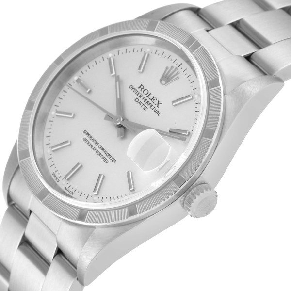 Rolex Date Silver Dial Steel Engine Turned Bezel Mens Watch 15210