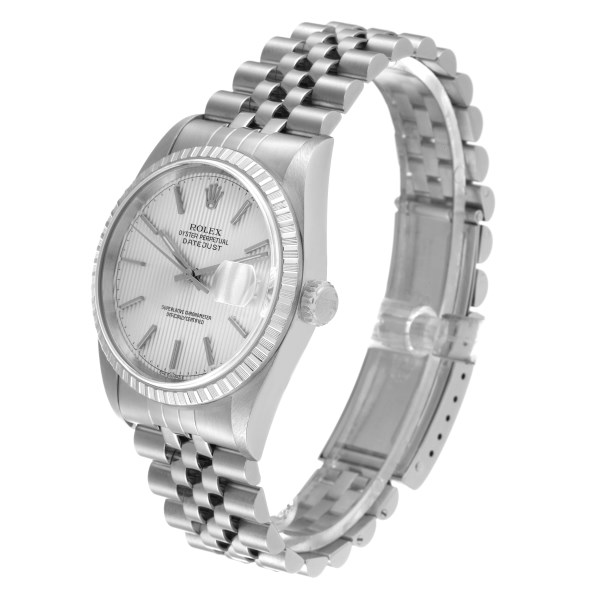 Rolex Datejust Silver Tapestry Dial Engine Turned Bezel Steel Mens Watch 16220