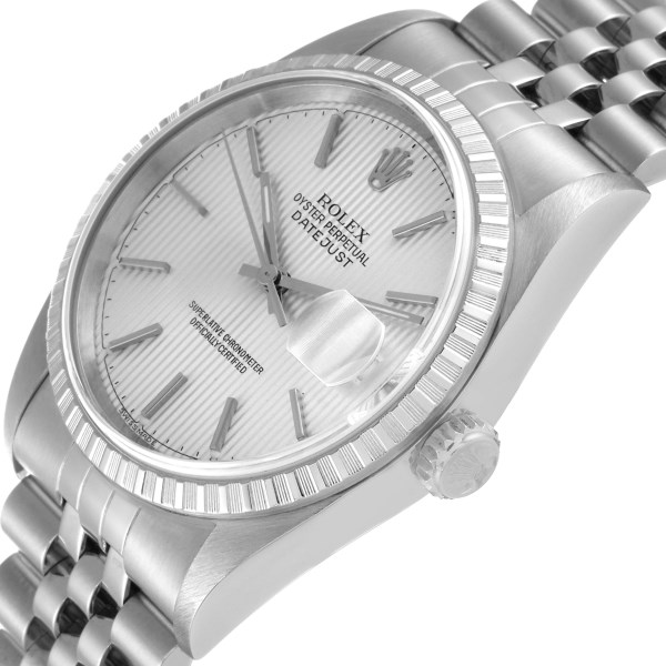 Rolex Datejust Silver Tapestry Dial Engine Turned Bezel Steel Mens Watch 16220