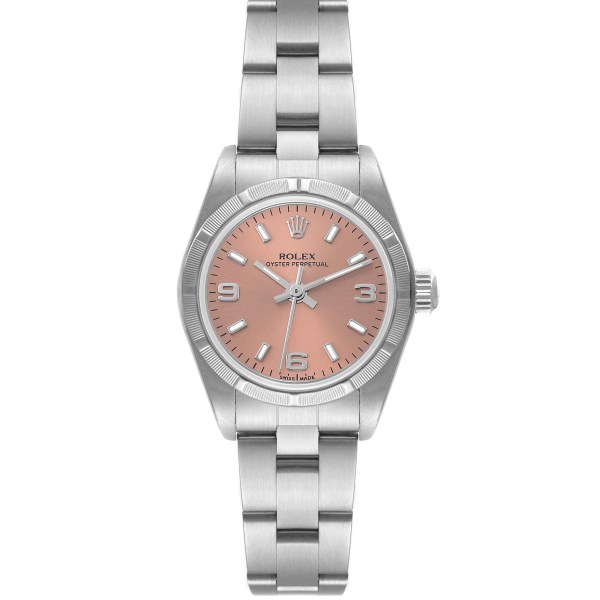 Rolex Oyster Perpetual Salmon Dial Engine Turned Bezel Steel Ladies Watch 76030