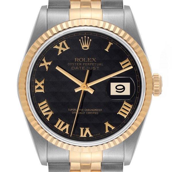 Rolex Datejust Steel Yellow Gold Black Pyramid Dial Mens Watch 16233