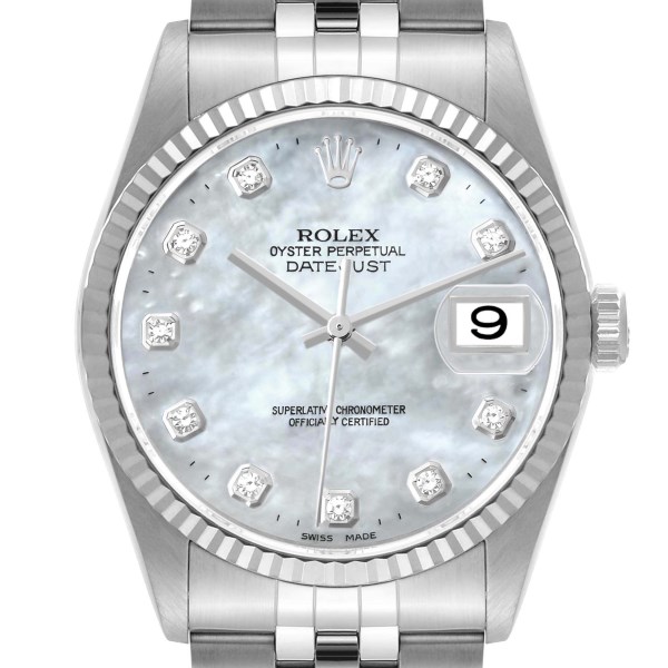 Rolex Datejust Steel White Gold Mother of Pearl Diamond Dial Mens Watch 16234