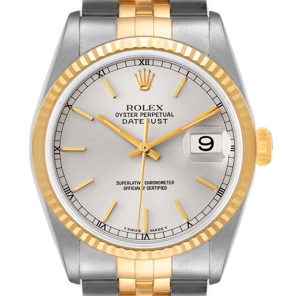 Rolex Datejust Silver Dial Steel Yellow Gold Mens Watch 16233 Box Papers