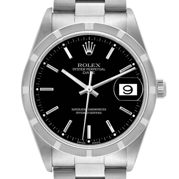 Rolex Date Black Dial Engine Turned Bezel Steel Mens Watch 15210