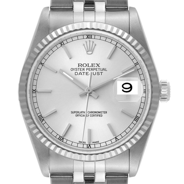 Rolex Datejust 36 Steel White Gold Silver Dial Mens Watch 16234