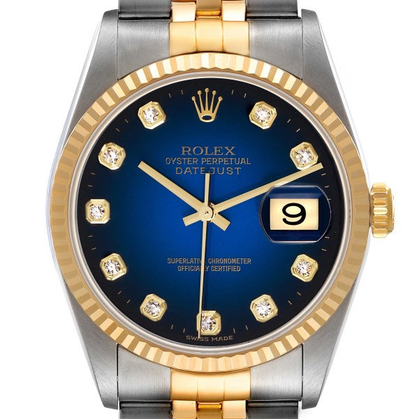 Rolex Datejust Steel Yellow Gold Blue Vignette Diamond Dial Mens Watch 16233