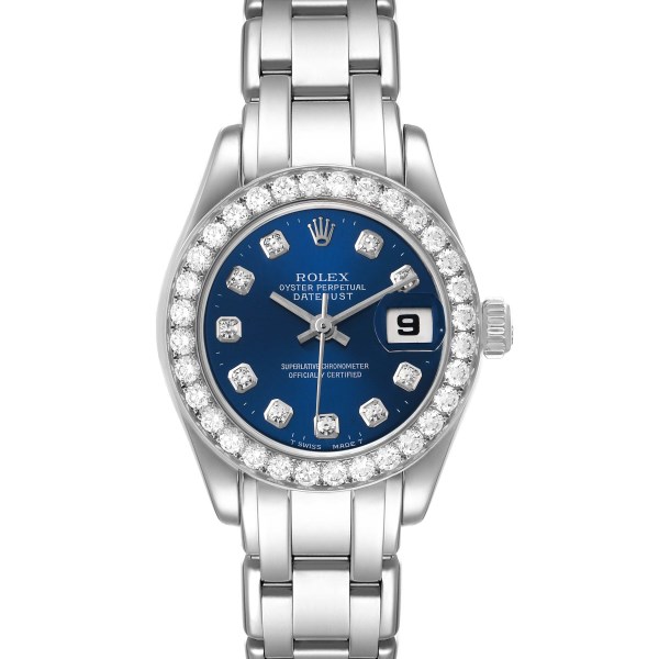 Rolex Pearlmaster 18K White Gold Blue Diamond Dial Bezel Watch 69299