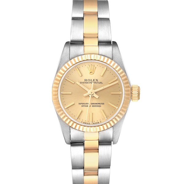 Rolex Oyster Perpetual Yellow Gold Champagne Dial Ladies Watch 67193 Box Papers