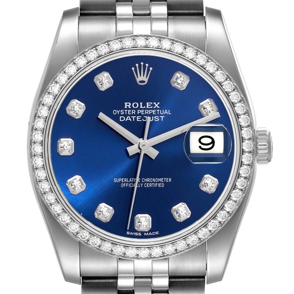 Rolex Datejust Steel White Gold Blue Dial Diamond Bezel Mens Watch 116244