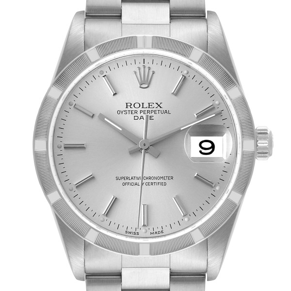 Rolex Date Silver Dial Engine Turned Bezel Steel Mens Watch 15210