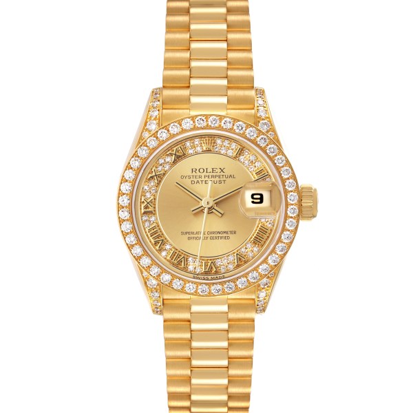 Rolex Datejust President Yellow Gold Myriad Dial Diamond Bezel Ladies Watch 69158