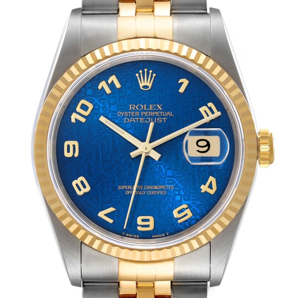 Rolex Datejust Steel Yellow Gold Blue Anniversary Dial Mens Watch 16233