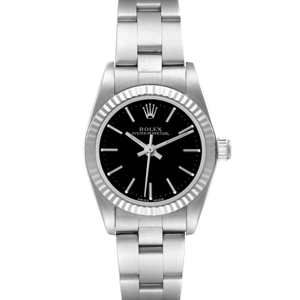 Rolex Oyster Perpetual Steel White Gold Black Dial Ladies Watch 76094