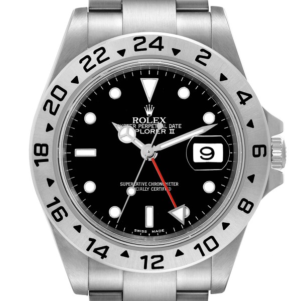 Rolex Explorer II GMT 40mm Black Dial Red Hand Steel Mens Watch 16570 Box Papers