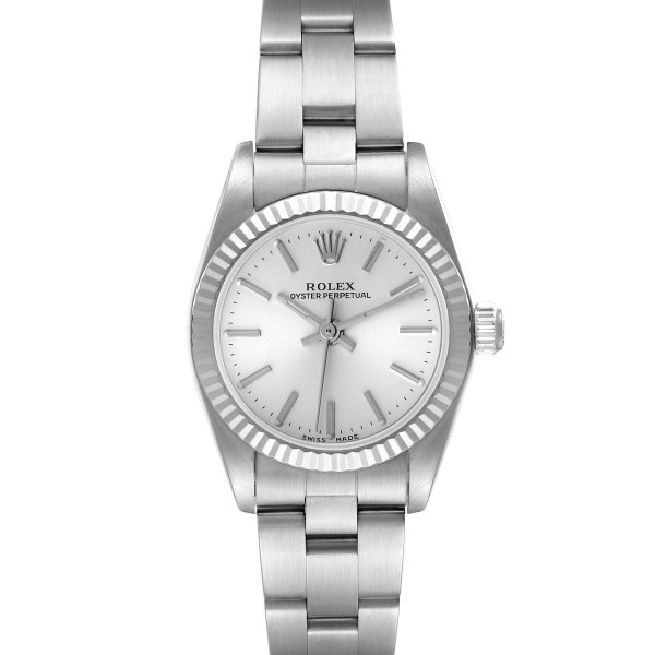 Rolex Oyster Perpetual Steel White Gold Silver Dial Ladies Watch 76094 Papers